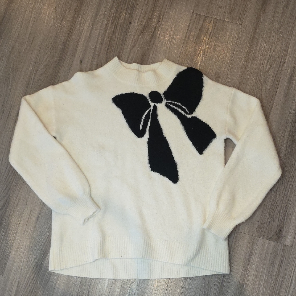 LOFT Cream Sweater with Black Bow Accent